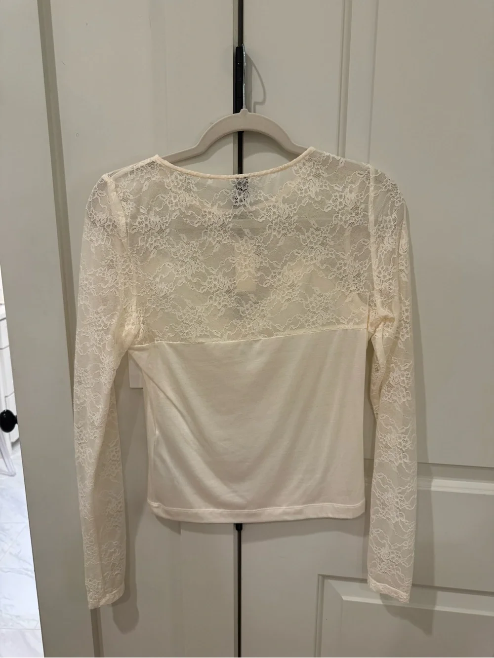 Anthropologie Cream Lace Inset Long Sleeve Top